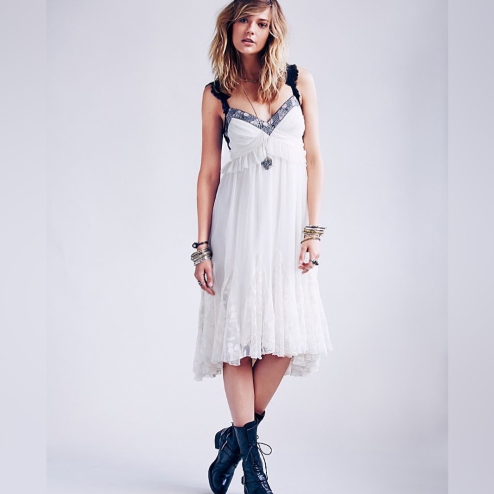 FREE PEOPLE White Lace-Trim Sleeveless Midi Dress